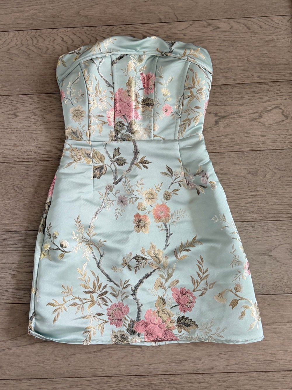 Lulu's Strapless Floral Brocade Mini Dress in Light Blue with Pink Accents